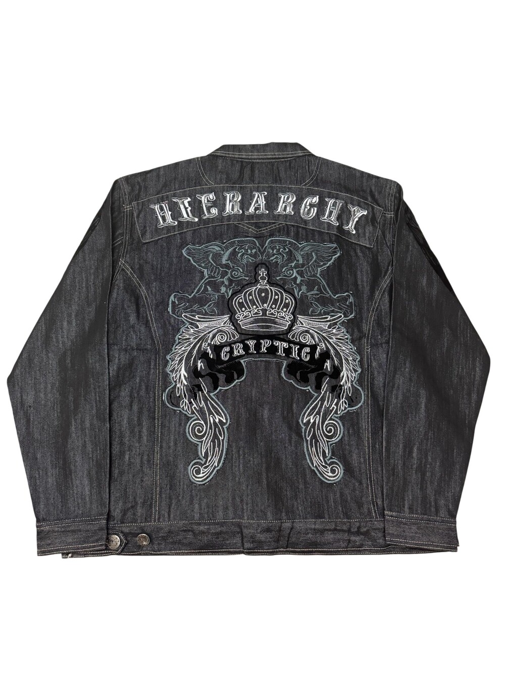 Y2k Imperious Denim Jacket Mens Black Embroidered Gothic Wings Grunge pinkman